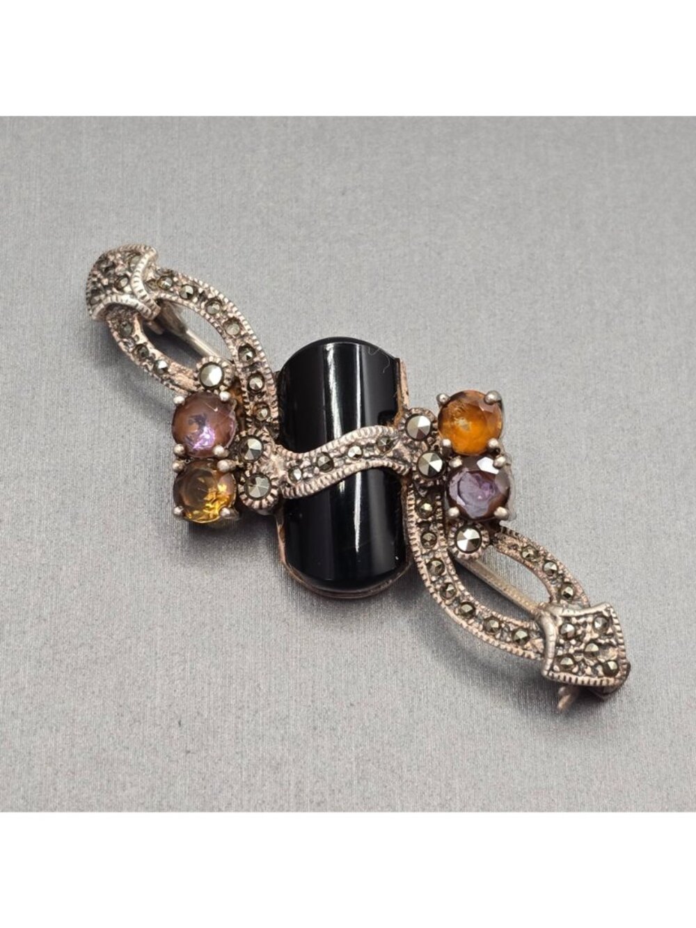 Vintage Art Deco Sterling Silver Onyx Ametrine Citrine Marcasite Brooch Signed - Picture 15 of 15